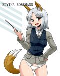  1girl animal_ears aono3 bangs black_vest brave_witches brown_eyes character_name cowboy_shot crotch_seam dress_shirt edytha_rossmann eyebrows_visible_through_hair fox_ears fox_tail grey_jacket hand_on_hip head_tilt highres holding jacket looking_at_viewer military military_uniform no_pants open_mouth panties pointer shirt short_hair silver_hair simple_background smile solo standing tail underwear uniform vest white_background white_panties white_shirt wing_collar world_witches_series 