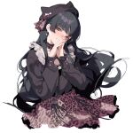  1girl absurdres animal_print black_hair blush choker cropped_legs earrings floating_hair frilled_choker frills grin head_tilt highres idolmaster idolmaster_shiny_colors jewelry leopard_print long_hair long_sleeves looking_at_viewer mayuzumi_fuyuko own_hands_together print_skirt puffy_long_sleeves puffy_sleeves shisantian simple_background skirt smile solo very_long_hair white_background 