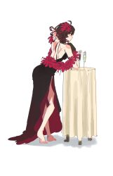  1girl ahoge alcohol backless_dress backless_outfit barefoot black_dress black_hair champagne champagne_flute cup dress drinking_glass duoyun_de_tiankong flower full_body hair_flower hair_ornament highres honkai_(series) honkai_impact_3rd red_eyes red_flower seele_(alter_ego) seele_vollerei seele_vollerei_(stygian_nymph) short_hair side_slit solo table 