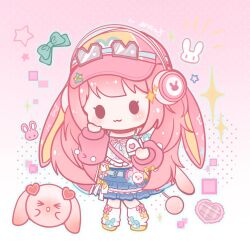 1girl :3 absurdres animal_print anmoliangzi bag baseball_cap belt belt_buckle black-framed_eyewear blue_outline blue_skirt blushbunny_(infinity_nikki) bouncy_spirit_(infinity_nikki) bow bow_legwear brown_eyes buckle cherry chibi chinese_commentary choker closed_mouth commentary_request cropped_shirt eyelashes food frilled_skirt frills fruit goggles goggles_on_headwear gradient_background grey_belt halftone hand_on_own_cheek hand_on_own_face hat headphones heart heart_print highres infinity_nikki jacket leg_warmers light_blush long_hair long_sleeves medium_skirt midriff nikki_(nikki) nikki_(series) open_clothes open_jacket outline pink_background pink_bow pink_choker pink_hair pink_hat pink_jacket pleated_skirt polka_dot polka_dot_background pom_pom_(clothes) print_headphones print_headwear puffy_long_sleeves puffy_sleeves rabbit rabbit-shaped_eyewear rabbit_print ribbon shirt shoes shoulder_bag signature skirt skirt_bow smile solid_oval_eyes solo sparkle star_(symbol) star_print tank_top two-tone_background very_long_hair white_background white_bow white_leg_warmers white_ribbon white_tank_top yellow_bow yellow_shoes 