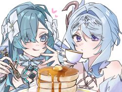  2girls absurdres bare_shoulders blue_eyes blue_gem blue_hair blush butter choker closed_mouth commentary_request cream cup detached_sleeves dress eyelashes eyes_visible_through_hair feather_hair_ornament feathers fins flower food fork frilled_choker frills fur_collar fur_trim gem genshin_impact green_hair grey_choker hair_bun hair_flower hair_ornament hair_over_one_eye hairband hand_up hands_up head_fins headpiece heart highres holding holding_cup holding_fork honey licking_lips long_hair long_sleeves looking_at_food multicolored_hair multiple_girls odette_(genshin_impact) pancake pearl_hair_ornament plate puffy_detached_sleeves puffy_long_sleeves puffy_sleeves short_hair sidelocks simple_background sleeveless sleeveless_dress smile strapless strapless_dress streaked_hair tea teacup tongue tongue_out upper_body very_long_hair violet_eyes vodyanitsa_(genshin_impact) wavy_hair white_background white_dress white_feathers white_flower white_hair white_hairband white_sleeves y4zhqh 