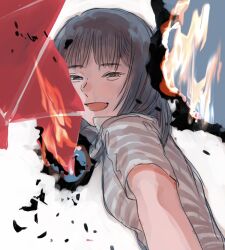  1girl brown_hair burning burning_paper commentary_request fire highres kamen_rider kamen_rider_555 looking_at_viewer open_mouth shirt short_sleeves smile solo sonoda_mari t-shirt white_background ynmrtks 