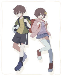  1boy 1girl absurdres bag ball black_hair bow commentary_request hair_ornament highres himekawa_koyuki holding holding_ball kishibe_souta mahou_shoujo_ikusei_keikaku mahou_shoujo_ikusei_keikaku_unmarked miniskirt open_mouth pants rfo_2011 school_bag shirt shoes short_hair skirt thigh-highs white_thighhighs yellow_bow 