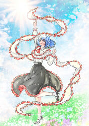  1girl absurdres black_shoes black_skirt blue_hair blue_sky commentary_request frilled_shawl frilled_skirt frills full_body hagoromo hat high_heels highres leg_up long_sleeves looking_at_viewer missing_headwear nagae_iku open_mouth outdoors red_eyes rekkuu_tyuni shawl shirt shoes skirt sky smile socks solo sun touhou white_shawl white_shirt white_socks 