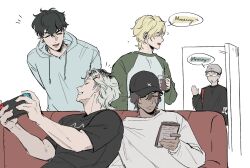  5boys alien_stage baseball_cap beanie black_hair black_hat black_shirt black_sweater blonde_hair chinese_commentary closed_eyes commentary_request couch dark-skinned_male dark_skin dewey_(alien_stage) door drink english_text green_shirt handheld_game_console hat highres holding holding_drink holding_handheld_game_console holding_notebook hood hoodie isaac_(alien_stage) ivan_(alien_stage) luka_(alien_stage) male_focus multiple_boys nintendo_switch notebook on_couch scar scar_on_face seppuku009 shirt short_hair sitting smile sweater till_(alien_stage) white_sweater 