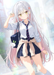  1girl arm_up aruka_(alka_p1) bag bag_charm blue_bag blue_nails blue_skirt blurry blurry_background blush charm_(object) clothes_around_waist collared_shirt colored_inner_hair commentary day depth_of_field grey_hair hair_ornament heart_hairpin helix_piercing highres jacket jacket_around_waist jewelry lens_flare long_hair looking_at_viewer multicolored_hair multicolored_nails multiple_piercings nail_polish necklace necktie non-circular_lens_flare original outdoors pendant pink_hair pink_scrunchie plaid_clothes plaid_skirt pleated_skirt school_uniform scrunchie shirt shoulder_bag silver-haired_girl_(aruka_(alka_p1)) skirt sleeves_rolled_up smile socks solo standing star_(symbol) striped_clothes striped_necktie two-tone_hair very_long_hair white_shirt white_socks yellow_eyes yellow_nails 