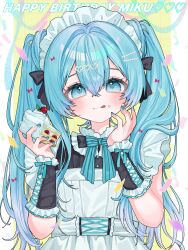  1girl :q absurdres apron aqua_bow aqua_bowtie aqua_eyes aqua_hair aqua_nails aqua_ribbon aqua_trim birthday black_bow black_dress black_wrist_cuffs blush bow bowtie cake cake_slice confetti cream cream_on_face criss-cross_straps double-parted_bangs dress eating fingernails food food_on_face frilled_apron frilled_wrist_cuffs frills hair_between_eyes hair_intakes hair_ornament hairclip hands_up happy_birthday hatsune_miku heart heart_hair_ornament highres holding holding_cake holding_food licking_lips long_hair maid maid_apron maid_headdress parallel_hairclips pearl_hair_ornament ribbon shiina_(qh38crgwgf1yeut) solo striped_bow striped_bowtie striped_clothes tongue tongue_out twintails upper_body vocaloid white_apron white_wrist_cuffs wrist_cuffs 