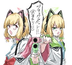  2girls aiming aiming_at_viewer animal_ear_headphones animal_ears blonde_hair blue_archive blue_necktie blunt_bangs bow cat_ear_headphones cat_ears collared_shirt commentary_request d: devil_may_cry_(series) devil_may_cry_3 fake_animal_ears ganma_(nicoseiga52595768) green_bow green_eyes green_halo gun hair_bow halo handgun headphones holding holding_gun holding_weapon jacket looking_at_viewer medium_hair midori_(blue_archive) momoi_(blue_archive) multiple_girls necktie open_clothes open_jacket open_mouth parody pink_bow pink_halo red_eyes scene_reference school_uniform serious shirt siblings sidelocks simple_background sisters speech_bubble translated twins v-shaped_eyebrows weapon white_background white_jacket white_shirt 