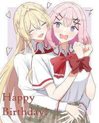  2girls @_@ amaori_renako arms_around_another's_waist ashigaya_high_school_uniform birthday blonde_hair blush bound bound_arms bow bowtie closed_eyes collared_shirt commentary_request embarrassed hair_ornament happy_birthday heart highres hug hug_from_behind kazuna_eaka long_hair multiple_girls open_mouth ouzuka_mai pink_hair plaid_clothes plaid_skirt red_bow red_bowtie school_uniform shirt short_hair skirt smile violet_eyes watashi_ga_koibito_ni_nareru_wake_naijan_murimuri! white_shirt x_hair_ornament yuri 