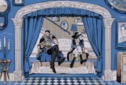 2boys blue_theme candle coat coat_on_shoulders crocodile_(one_piece) crossed_legs curtains dracule_mihawk full_body fur-trimmed_coat fur_trim hat_feather highres hook_hand indoors male_focus multiple_boys one_piece pants portrait_(object) sitting tabaco_spa 