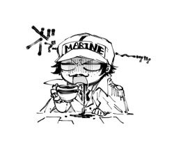  1boy commentary_request cup disgust epaulettes fake_facial_hair fake_mustache hat holding holding_cup male_focus marine_uniform_(one_piece) one_piece portgas_d._ace short_hair simple_background solo wakao_(wakaogm) 