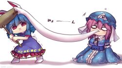  2girls animal_ears biting_own_lip blue_dress blue_hair blue_hat blue_sash blush breasts commentary_request dress floral_print floral_print_dress food food_in_mouth frilled_dress frills hat holding holding_mallet kine kneeling large_breasts long_hair long_sleeves mallet mob_cap mochi mochi_trail multiple_girls o_o one-hour_drawing_challenge pink_hair print_dress puffy_short_sleeves puffy_sleeves rabbit_ears rabbit_girl rabbit_tail red_eyes saigyouji_yuyuko sash seiran_(touhou) short_sleeves socks sound_effects tail touhou triangular_headpiece unime_seaflower veil white_socks white_veil 