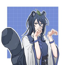  1girl animal_ears black_hair collared_shirt covering_own_mouth grey_eyes highres hoshino_ichika_(project_sekai) japanese_clothes long_hair looking_at_viewer project_sekai raccoon_ears raccoon_tail rotysill shirt simple_background tail wide_sleeves 