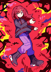  1boy black_boots black_jacket boots highres holding holding_poke_ball jacket long_hair looking_at_viewer mizuhase_(pororon) pants poke_ball pokemon pokemon_gold/silver/crystal pokemon_heartgold_and_soulsilver purple_pants red_background red_hair signature silver_(pokemon) solo turtleneck turtleneck_jacket 