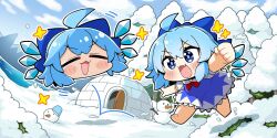  1girl :3 ahoge artist_request barefoot blue_bow blue_dress blue_eyes blue_hair blue_sky blush bow chibi cirno collared_shirt day detached_wings dress fang forest full_body game_asset hair_bow highres ice ice_wings igloo lake misty_lake nature official_art open_mouth outdoors pinafore_dress shirt sky sleeveless sleeveless_dress smile snow snow_shelter snowman third-party_source toes touhou touhou_lostword tree white_shirt wings winter yukkuri_shiteitte_ne 
