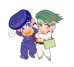  2boys absurdres al_(ahr) anger_vein blue_eyes blue_hair blush chibi crossed_arms diamond_wa_kudakenai earrings gakuran green_eyes green_hair higashikata_josuke highres jewelry jojo_no_kimyou_na_bouken kishibe_rohan male_focus midriff multiple_boys pompadour purple_hair school_uniform violet_eyes 