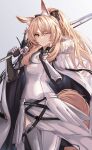 1girl ;) absurdres animal_ear_fluff animal_ears arknights arm_guards armor bangs belt black_bow black_gloves blemishine_(arknights) blonde_hair bow brown_eyes cape closed_mouth cowboy_shot eyebrows_visible_through_hair faulds full_armor fur-trimmed_cape fur_trim gloves grey_background grey_legwear hair_bow high_ponytail highres holding holding_sword holding_weapon horse_ears horse_girl horse_tail index_finger_raised long_hair looking_at_viewer one_eye_closed shiki44boku sidelocks simple_background smile solo sword tail thigh-highs weapon white_cape 