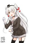  1girl amatsukaze_(kancolle) artist_name brown_dress commentary_request dated dress garter_straps gloves grey_neckerchief hair_tubes hat highres kantai_collection leaning_forward lifebuoy_ornament long_hair looking_at_viewer mini_hat neckerchief one-hour_drawing_challenge one_eye_closed owa_(ishtail) sailor_dress short_dress silver_hair simple_background single_glove smile solo thigh-highs two_side_up white_background white_gloves windsock 
