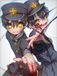  2boys absurdres back-to-back black_hair black_headwear brothers child commentary_request eyebrows_visible_through_hair fangs ghost hair_between_eyes hanako_(jibaku_shounen_hanako-kun) highres jibaku_shounen_hanako-kun looking_at_viewer male_focus multiple_boys outstretched_arms siblings teeth twins yellow_eyes yugi_tsukasa yukimi_95 