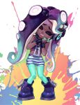  1girl collared_vest cropped_vest dark-skinned_female dark_skin errslance fingerless_gloves gloves green_legwear highres marina_(splatoon) midriff octarian paint_splatter pantyhose solo splatoon_(series) splatoon_2 tentacle_hair vest zipper zipper_pull_tab 