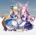  2girls ahoge alice_(alice_in_wonderland) alice_(alice_in_wonderland)_(cosplay) alice_in_wonderland animal_ear_fluff animal_ears apron arm_up artist_request black_footwear blue_dress blue_eyes bow brown_hair copyright_name cosplay dog_ears dog_girl dog_tail dress elin forehead frilled_dress frills hair_bow high_heels highres holding_hands interlocked_fingers leg_up long_hair mary_janes multiple_girls official_art one_eye_closed open_mouth playing_card_print purple_dress purple_hair rabbit_ears rabbit_girl ribbon shoes short_dress short_sleeves smile standing standing_on_one_leg striped striped_legwear tail tera_online thigh-highs violet_eyes waving white_apron 