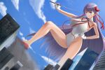  1girl bb_(fate) bb_(swimsuit_mooncancer)_(fate) blue_sky breasts building cityscape clouds commentary_request day dutch_angle fate/grand_order fate_(series) giant giantess gloves hand_on_hip high_heels highleg highleg_leotard highres large_breasts leotard looking_at_viewer neck_ribbon outdoors pointer purple_hair red_footwear red_ribbon ribbon sky solo tomoshibi_(fuuzen_no_tomoshibi) tongue tongue_out violet_eyes white_gloves white_leotard 