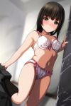  1girl absurdres bangs bare_arms bare_shoulders black_hair black_legwear blurry blurry_background blush bow bow_bra bow_panties bra breasts brown_eyes closed_mouth depth_of_field eyebrows_visible_through_hair frilled_bra frilled_panties frills hand_up highres kneehighs looking_at_viewer matsunaga_kouyou navel nose_blush original panties small_breasts solo standing standing_on_one_leg underwear white_bra white_panties 