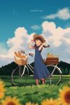  1girl aren_(fubuki-46) artist_name baguette bangs bicycle bicycle_basket bird blue_dress braid bread brown_hair closed_eyes clouds day dress english_text flower food full_body ground_vehicle hand_on_headwear hands_up hat highres open_mouth original outdoors sandals short_sleeves smile solo straw_hat sunflower tree twin_braids twintails 