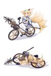  1girl @_@ absurdres amiya_(arknights) animal_ear_fluff animal_ears aqua_hairband arknights bicycle commentary_request dress earpiece fang fox_ears fox_girl fox_tail frilled_dress frills gloves green_eyes ground_vehicle hair_rings hairband highres infection_monitor_(arknights) kitsune kyuubi multiple_tails oripathy_lesion_(arknights) shio_(7203802) single_glove single_wrist_cuff skin_fang staff suzuran_(arknights) tail white_legwear wrist_cuffs 
