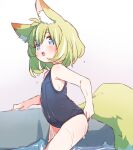  1girl adjusting_clothes adjusting_swimsuit animal_ear_fluff animal_ears blue_eyes blue_swimsuit done_(donezumi) fox_ears fox_girl fox_tail from_side green_hair highres one-piece_swimsuit open_mouth original pool poolside school_swimsuit short_hair solo swimsuit tail thighs wading water wet 