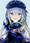  1boy androgynous arknights bishounen blue_hair gloves hand_up highres jellyfish long_hair looking_at_viewer male_focus mizuki_(arknights) open_mouth presenting simple_background smile solo tetuw upper_body violet_eyes 