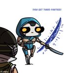  1boy 1girl android apex_legends ash_(titanfall_2) black_headwear black_sclera chibi colored_sclera english_commentary english_text from_behind gameplay_mechanics green_vest highres hood hood_up meme miyan_(oceanmaiden) octane_(apex_legends) portal_(object) vest white_background yellow_eyes 