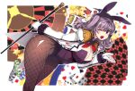  1girl adapted_costume animal_ears black_legwear breasts cane epaulettes fake_animal_ears fishnet_legwear fishnets frilled_sleeves frills gloves highres holding holding_cane jacket kantai_collection kashima_(kancolle) kerchief large_breasts leotard long_sleeves mil_(xration) military_jacket neckerchief open_clothes open_jacket pantyhose playboy_bunny purple_leotard rabbit_ears red_neckerchief sidelocks silver_hair solo twintails violet_eyes wavy_hair white_gloves white_jacket 