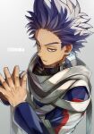  1boy bags_under_eyes bangs boku_no_hero_academia from_above from_side gym_uniform hands_up highres male_focus mask mask_around_neck messy_hair mouth_mask own_hands_together purple_hair scarf shinsou_hitoshi short_hair sideburns simple_background solo spiky_hair steepled_fingers strap tonbanlove twitter_username u.a._gym_uniform upper_body v_arms violet_eyes 