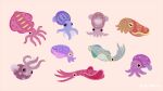  animal animal_focus artist_name brown_eyes commentary_request cuttlefish from_side horizontal_pupils looking_at_viewer no_humans original pikaole pink_eyes simple_background spots squid tan_background tentacles upside-down violet_eyes yellow_eyes 