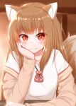  1girl animal_ears blush brown_hair closed_mouth eyebrows_visible_through_hair fang fang_out highres holo horokusa_(korai) long_hair long_sleeves looking_at_viewer red_eyes smile solo spice_and_wolf tail wolf_ears wolf_girl wolf_tail 