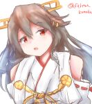  1girl bare_shoulders blush brown_eyes detached_sleeves grey_hair hair_ornament hairclip haruna_(kancolle) haruna_(kantai_collection) headgear kantai_collection long_hair looking_at_viewer nontraditional_miko remodel_(kantai_collection) saamon_(salmonkomaku) smile solo upper_body 