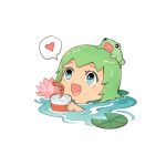  1girl :d blue_eyes chibi cup drinking_straw flower foo_fighters frog frog_on_head green_hair heart highres jojo_no_kimyou_na_bouken lily_(flower) lily_pad lotus norue open_mouth partially_submerged smile spoken_heart stone_ocean wet wet_hair 