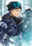  1boy bags_under_eyes bangs beanie blurry blurry_background blurry_foreground boku_no_hero_academia breath coat cold depth_of_field from_side hand_in_pocket hat highres looking_ahead male_focus messy_hair purple_hair shinsou_hitoshi short_hair ski_goggles snowboard snowing solo spiky_hair tonbanlove turtleneck twitter_username upper_body violet_eyes winter_clothes winter_coat winter_gloves 