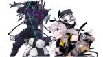  1boy 1girl applepiesuko arknights arrow_(projectile) bangs black_hair blue_eyes bow demon_boy demon_horns detached_sleeves hairband highres horns long_hair low-tied_long_hair mask red_eyes silver_hair sleeveless weapon weedy_(arknights) white_background withered_knight_(arknights) 
