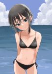  1girl absurdres arms_behind_back bangs beach bikini black_bikini black_hair blue_sky character_request closed_mouth clouds cloudy_sky commentary_request hair_between_eyes highres looking_at_viewer navel original short_hair sky smile solo standing swimsuit yamamoto_souichirou 