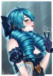  1girl absurdres ahoge bangs black_bow black_dress black_gloves blush border bow breasts bwcloud commentary_request detached_sleeves dress drill_hair gloves glowing green_hair grey_background grey_dress gwen_(league_of_legends) hair_bow hair_over_shoulder heart highres league_of_legends long_hair looking_at_viewer medium_breasts puffy_short_sleeves puffy_sleeves shiny shiny_clothes shiny_hair short_sleeves sideways_glance signature solo tongue tongue_out twin_drills upper_body v white_border 