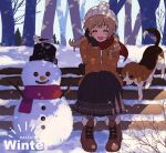  1girl aren_(fubuki-46) bangs beanie black_skirt blonde_hair boots braid brown_coat brown_footwear closed_eyes coat dog english_text facing_viewer full_body hand_up hat long_hair long_sleeves open_mouth original outdoors red_scarf scarf sitting skirt smile snow snowman solo sparkle tree twin_braids white_headwear 