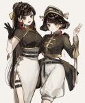  2girls artist_name bangs belt belt_buckle black_gloves black_hair black_headwear blush bow breasts brown_bow brown_ribbon buckle bun_cover chinese_clothes closed_mouth commentary_request cropped_jacket dress earrings gloves green_eyes grey_background hair_bow hair_bun hair_ornament hand_on_another&#039;s_hip hand_up hat highres jewelry long_hair long_sleeves looking_at_viewer medium_breasts multiple_girls open_mouth original ribbon sayosny2 short_hair short_sleeves shorts side_slit simple_background small_breasts smile swept_bangs thigh_strap v very_long_hair white_dress 