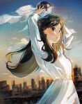  1girl arms_up ball bangs black_hair blurry blurry_background blush breasts brown_eyes chromatic_aberration city clouds commentary crystal_ball day dress eyebrows_visible_through_hair floating_hair highres long_hair long_sleeves looking_away original outdoors parted_lips rokku skyline small_breasts solo upper_body white_dress 