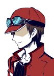 1boy 428-10 black_shirt brown_hair covering_eyes goggles goggles_on_headwear hat jacket jewelry konami-kun necklace red_headwear red_jacket shaded_face shirt solo t-shirt yu-gi-oh! yu-gi-oh!_tag_force 