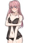  1girl bangs bare_shoulders black_nightgown black_panties blue_eyes blush breasts closed_mouth collarbone crossed_arms eyebrows_visible_through_hair feet_out_of_frame girls_frontline highres long_hair looking_at_viewer mosa331 navel nightgown panties pink_hair small_breasts solo st_ar-15_(girls&#039;_frontline) standing underwear white_background 