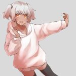  1girl :d bangs black_legwear blush brown_eyes collarbone comah dark-skinned_female dark_skin fang grey_background grey_hair highres hood hood_down hoodie long_sleeves looking_at_viewer original outstretched_arm puffy_long_sleeves puffy_sleeves simple_background sleeves_past_wrists smile solo thigh-highs twintails white_hoodie 