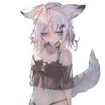  1girl animal_ear_fluff animal_ears arknights bangs bare_shoulders bikini black_bikini blue_eyes blush breasts closed_mouth collarbone commentary_request eyebrows_visible_through_hair fox_ears fox_girl fox_tail grey_hair hair_between_eyes hair_ornament hairclip long_hair looking_at_viewer off-shoulder_bikini off_shoulder simple_background small_breasts solo sussurro_(arknights) swimsuit tail tota_(sizukurubiks) white_background 