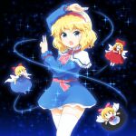  1girl :o alice_margatroid arm_up blonde_hair blue_eyes capelet commentary_request doll frilled_hairband frills hairband highres long_sleeves looking_at_viewer medium_hair open_mouth pose red_hairband shirosato thigh-highs touhou white_legwear zettai_ryouiki 